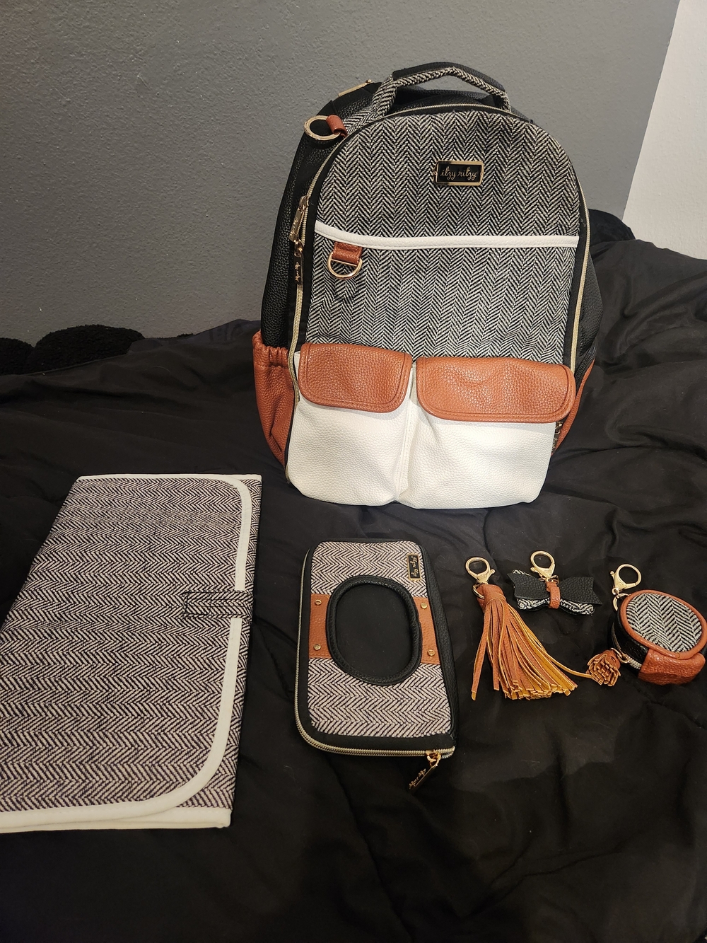 Itzy Ritzy Herringbone Diaper Backpack in Black, White & Brown